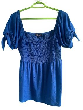 LILY MORGAN Women’s Turkish Ocean Blue Smocked Bodice Eyelet Detail Top Size S